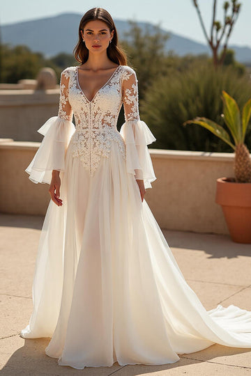 Chiffon A Line V-Neck Court Train Ivory Wedding Dress with Lace Appliques